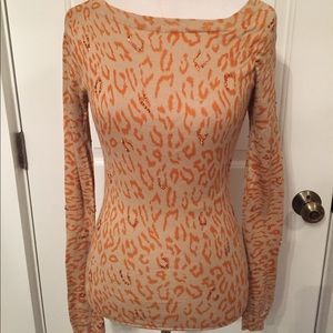 BARNEYS CO-OP SWEATER TAN ORANGE PRINT SEQUINS Size S